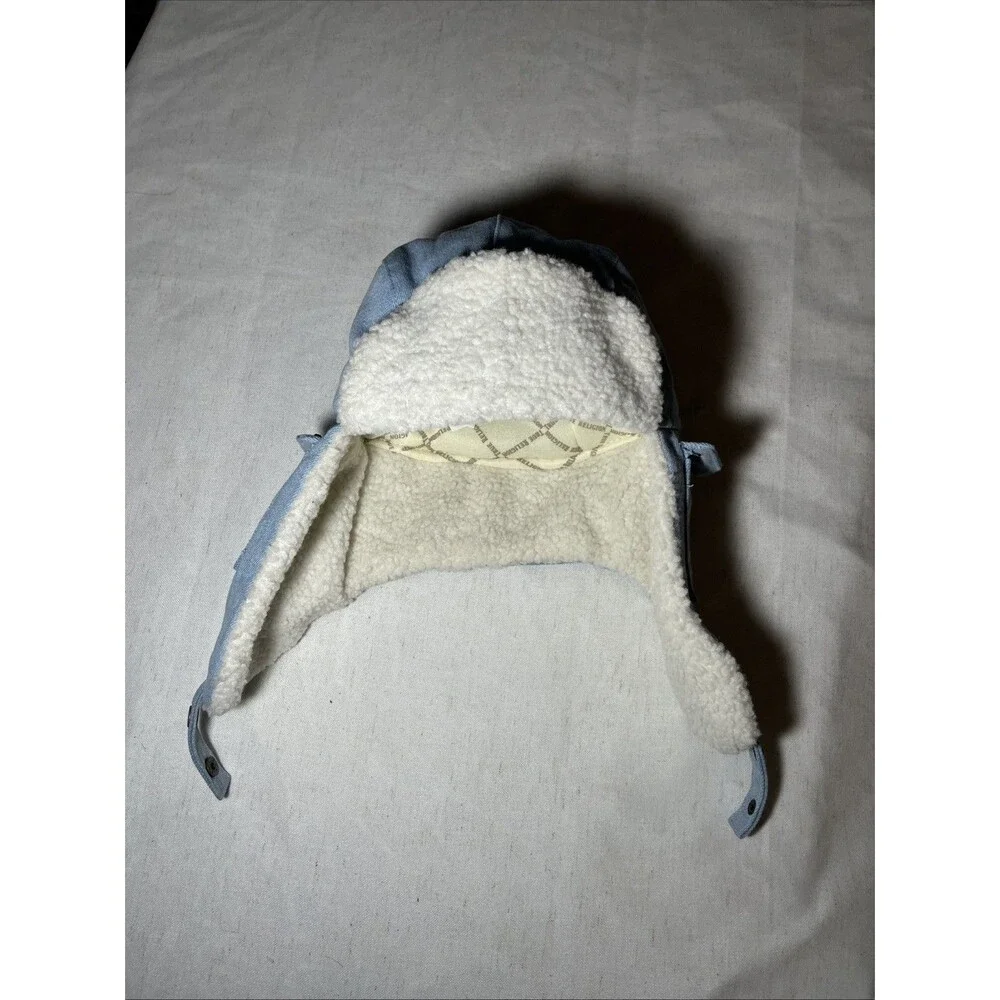 True Religion Trapper Hat - Light Wash Denim - Faux Fur - Pockets/Chin Strap